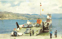 Early 1970's - The Kyleakin and Lochalsh ferries arrived in 1971, they were the first roll-on-roll-off ferries on this service.  Bill Paterson, the local barber is standing on ramp.