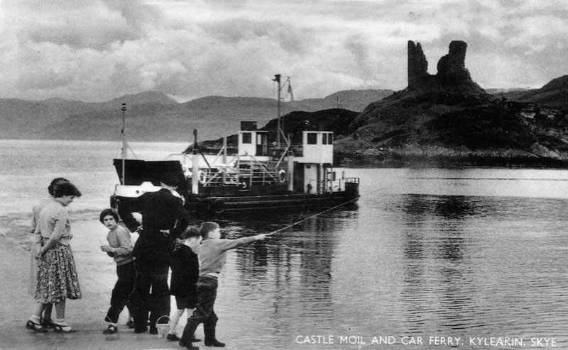 Circa 1955 - A four car turntable ferry, ferryman Dave Robertson with children fishing - Ann Nicolson, Susan ?, Roderick MacLean and Richard ? (with fishing rod)
					Susan and Richard were regular visitors to Mr and Mrs Smith, 16 Kyleside.