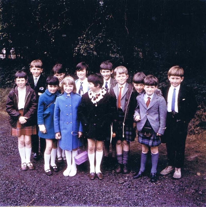 1970 - Children attending the Skye Mod. Back - left to right:  David Taylor, Donalda Nicolson, Morag Urquhart, Robin Graham, John Reid, Roderick Robertson & Iain MacKinnon
Front - left to right:  Sandra Macrae, Margaret MacKay, Mairi MacInnes, Greta MacLeod & Peter Robertson