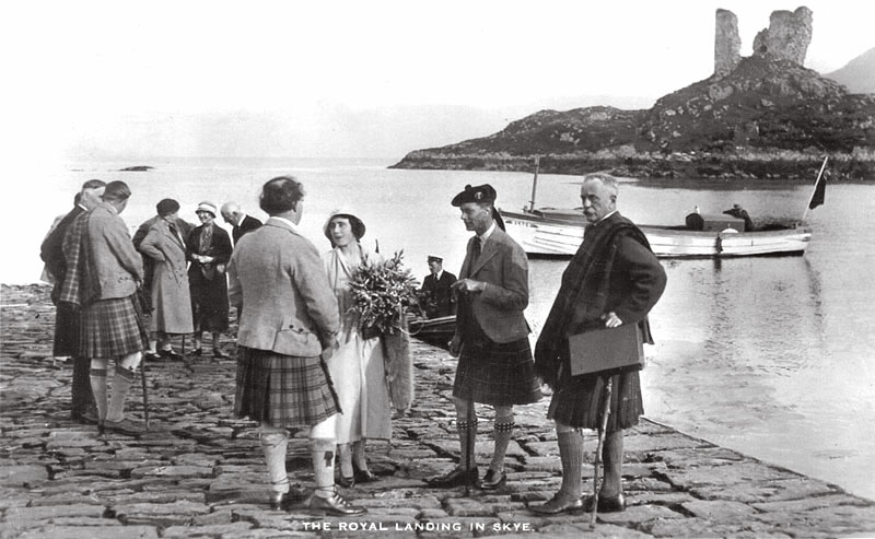 12th September 1933 - Duke and Duchess of York later to become King George VI and Queen Elizabeth landing at Kyleakin:
In attendance were Lady Helen Graham and Lady Hermoine Cameron, Lord Alistair MacDonald (with stick and plaid) on his left is Dr Hector MacLean the parish minister.   Major A D MacKinnon, Dunringell was also meeting them.
Note the Kyle/Kyleakin ferry launch - the 