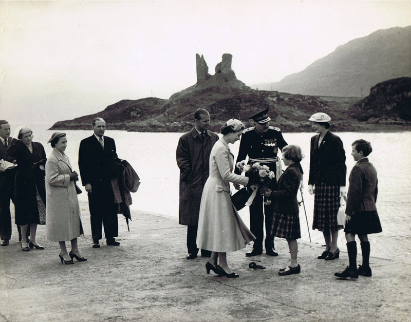 1956 - Royal Visit to Kyleakin:
Left to right:  ?, ?, Princess Margaret, ?, Price Philip, The Queen, Lord MacDonald, Hon Janet MacDonald, Lady MacDonald, Hon Godfrey MacDonald