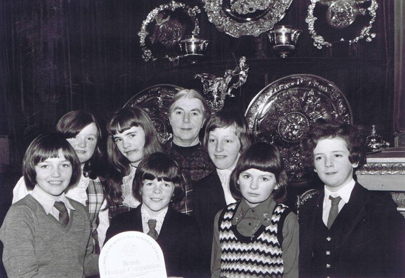 Kyleakin Primary School - circa  1973 - with Mod trophies
Back row: Fiona Macdiarmid, Elspeth Campbell, Flo Reid, James Urquhart
Front row: Peter Macrae, Angus Macrae, Helen Graham, Neil Robertson.