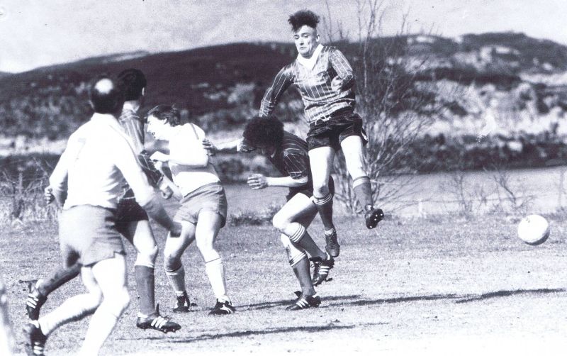 Circa 1988 -Football Action at Kyleakin
Michael Taylor (airborne) with left hand on Peter Robertson